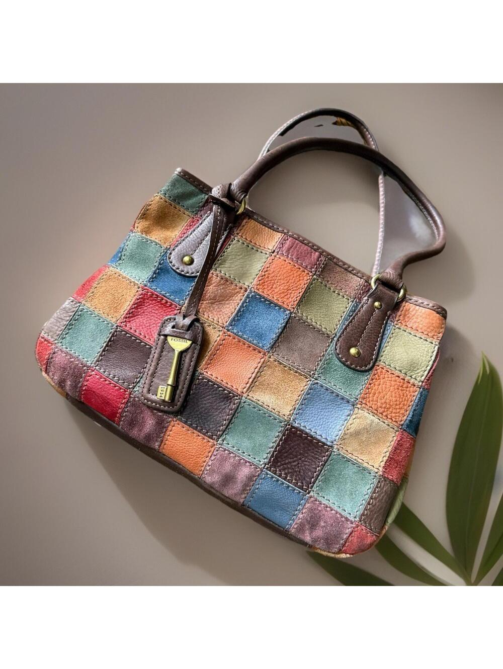 Vintage Fossil Patchwork Leather Suede Tote Shoulder Bag Multicolor Key